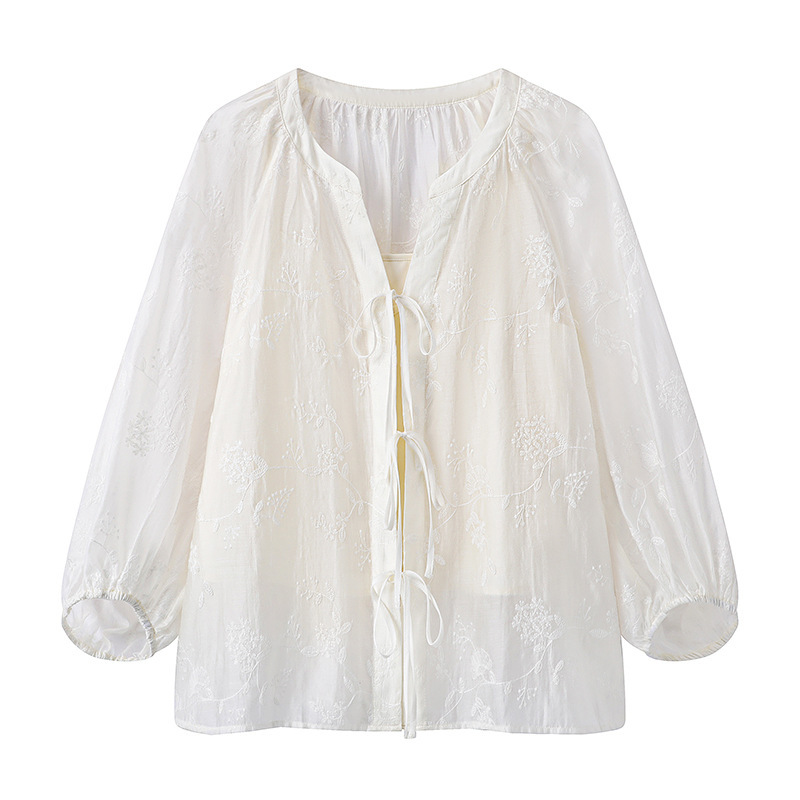 Summer 2025 New Embroidered Lyocell Tencel Shirt Top Lantern Sleeve Shirt Sling Women's E401D010GC10