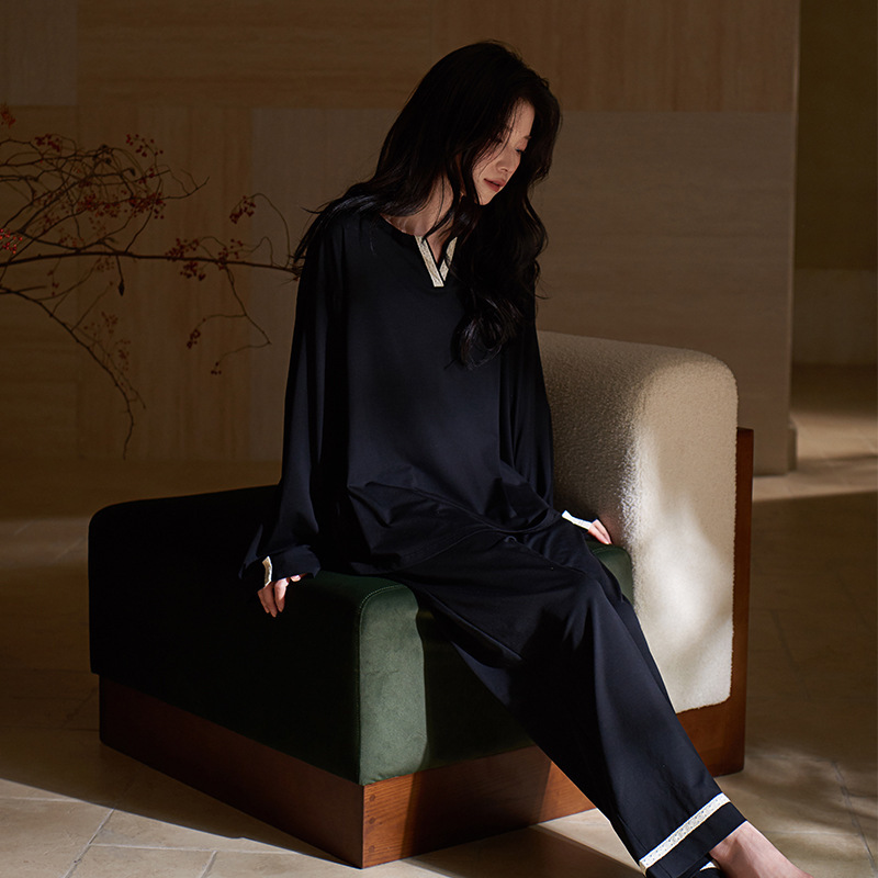 莫代尔高档时尚睡衣女士春秋长袖开衫轻奢设计感家居服纯色可外穿|undefined
