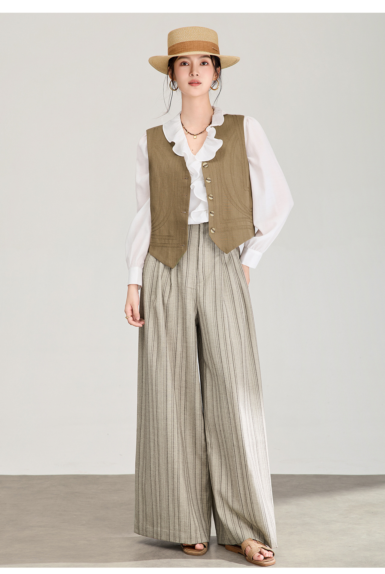 Áo khoác gile không tay cổ chữ V phối lớp phong cách cổ điển chất liệu vải lanh pha sợi Tencel — Màu cà phê chi tiết 21