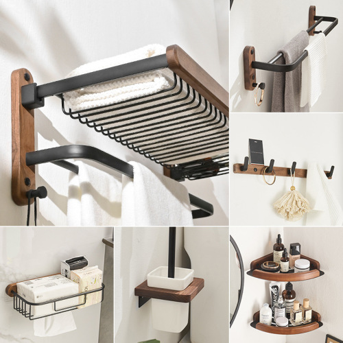 Bathroom shelf towel rack without drilling, bathroom wall-mounted cosmetic room toilet washroom bathroom walnut bath towel holder