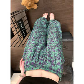 复古绿色碎花睡裤女夏季新款大码松紧腰高腰休闲长裤外穿家居裤子