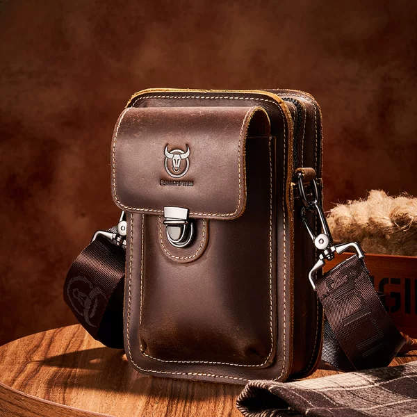 Crazy Horse Leather Men's Genuine Leather Casual Belt Mobile Phone Waist Bag Top Layer Cowhide Multi-Functional Shoulder Crossbody Mobile Phone Bag
