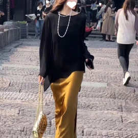 大码女装风锻丝滑半身裙女春夏松紧腰显瘦开叉中长裙潮