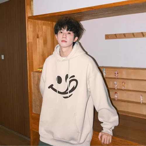 250g Heavyweight Smiling Print Hooded Fleece Sweatshirt for Men Autumn American Style Boy with Hat Outerwear