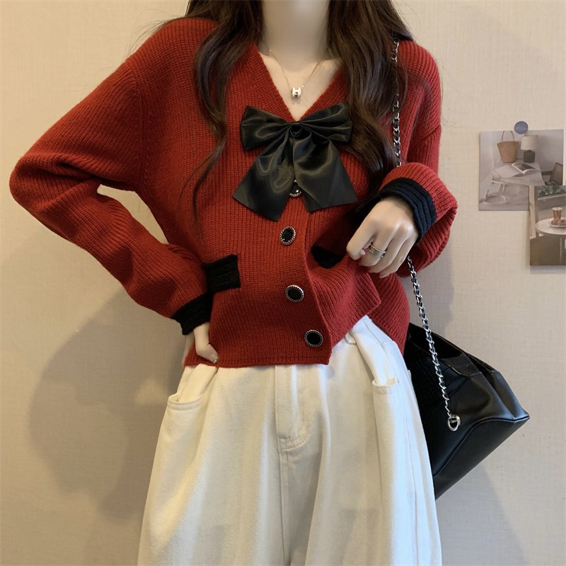 Primavera Chanel estilo arco cardigan de punto para las mujeres 2023 nuevo suave dulce chic con cuello en V suéter abrigo
