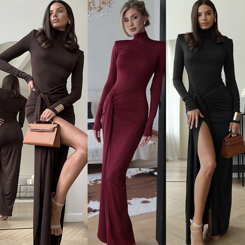 Cross-Border European and American Export Women's Clothing 2025 Amazon Autumn and Winter Fashion High-Neck Long-Sleeved Strap Waist Slim Dress Cross-Border European and American Export Women's Clothing 2025 Amazon Autumn and Winter Fashion High-Neck Long-Sleeved Strap Waist Slim Dress