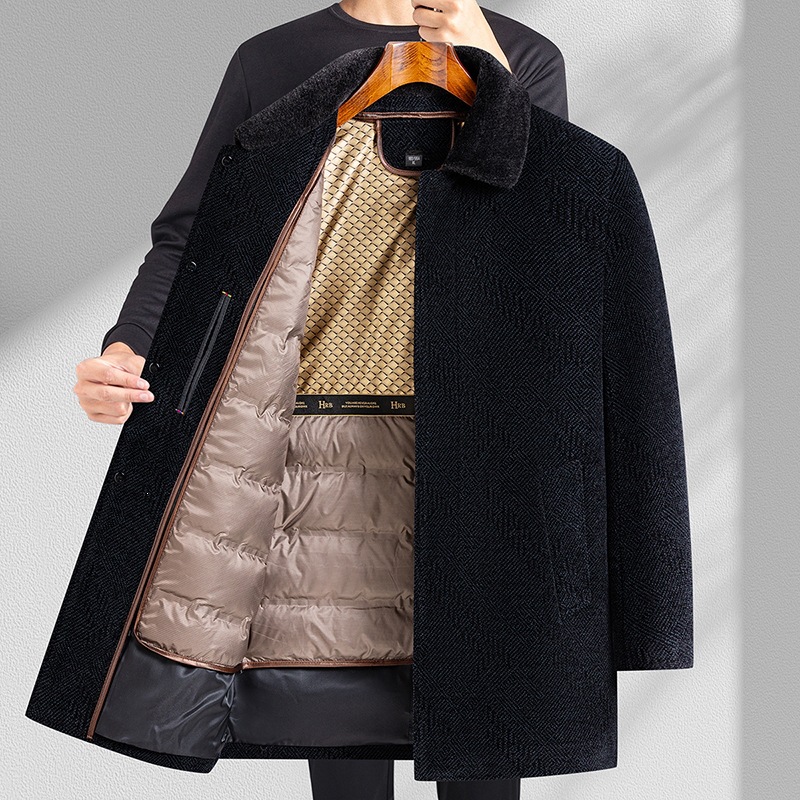 Comfortable and warm mid-length woolen coat for middle-aged and elderly men, winter style, thickened with fur collar and inner lining.