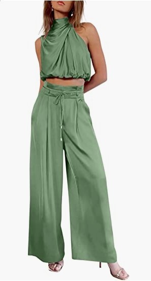 Women's 2-piece Summer Casual Sleeveless Collar Open Navel Top Wide Leg Pants Set_voghion.com