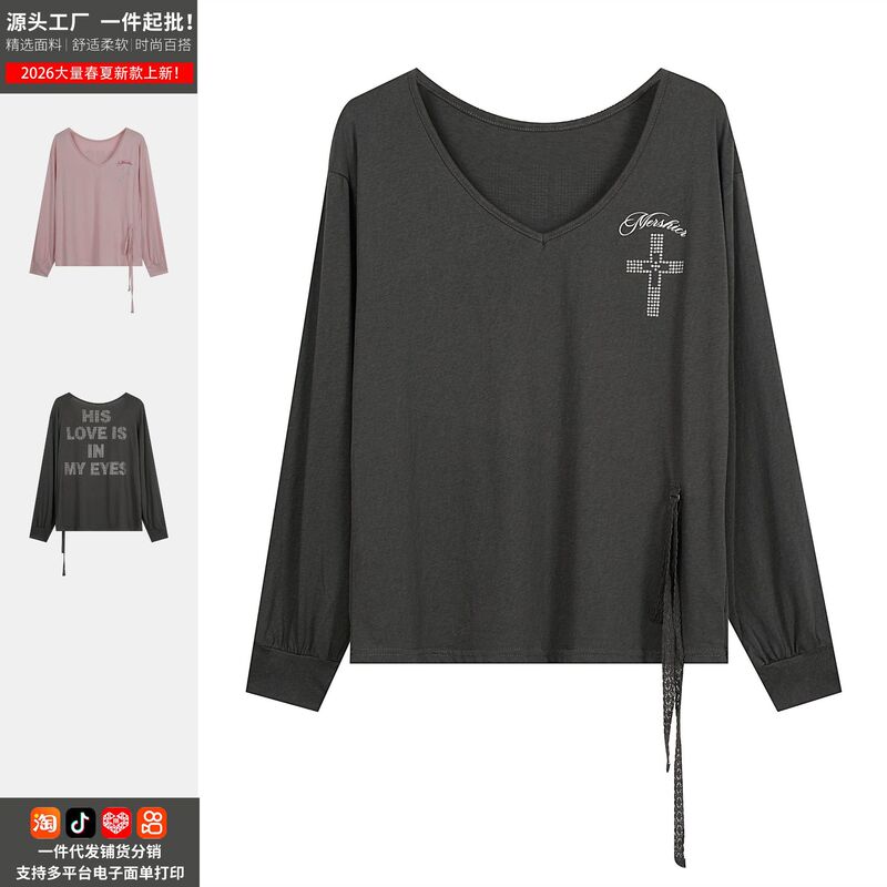 American-Style V-Neck Lettered Rhinestone Tie-Waist Long-Sleeve T-Shirt for Women, Summer Loose Casual Cover-Up Top, Direct from Manufacturer