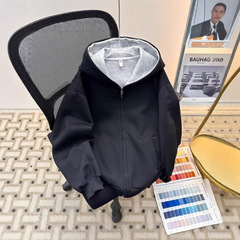 韓国系シンプル風ダブルジッパーフード付きカーディガン男性新型シルエット秋冬高級感cleanfitコート