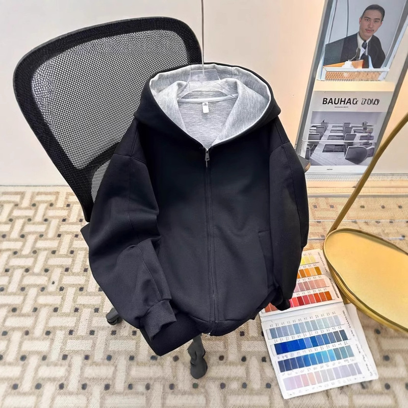 韓国系シンプル風ダブルジッパーフード付きカーディガン男性新型シルエット秋冬高級感cleanfitコート|undefined