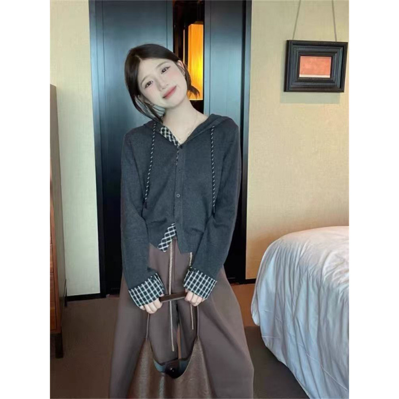 韩系灰色格纹拼接连帽长袖针织开衫女早秋独特别致超好看显瘦帽衫|undefined
