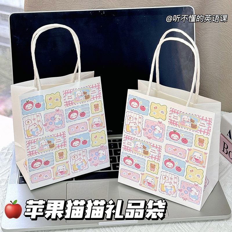 インスタイル落書きアップル猫ギフトバッグ高価値誕生日ギフト厚く耐久性のある包装袋ハンドバッグ|undefined