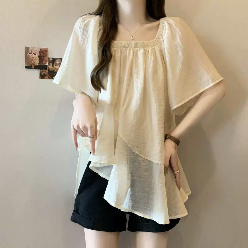 Летняя высококачественная свободная рубашка с короткими рукавами нестандартной формы для женщин, шифоновый топ больших размеров для похудения