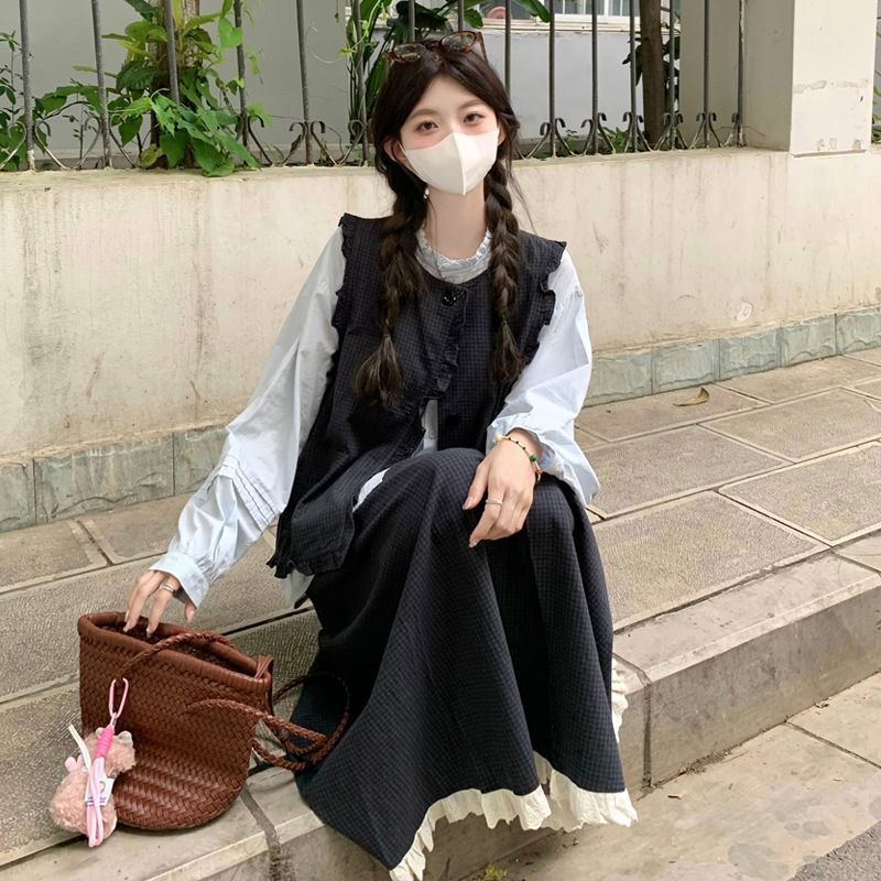 大码女装2025秋季边百搭衬衫+荷叶边格子马甲+半身裙时尚套装|undefined