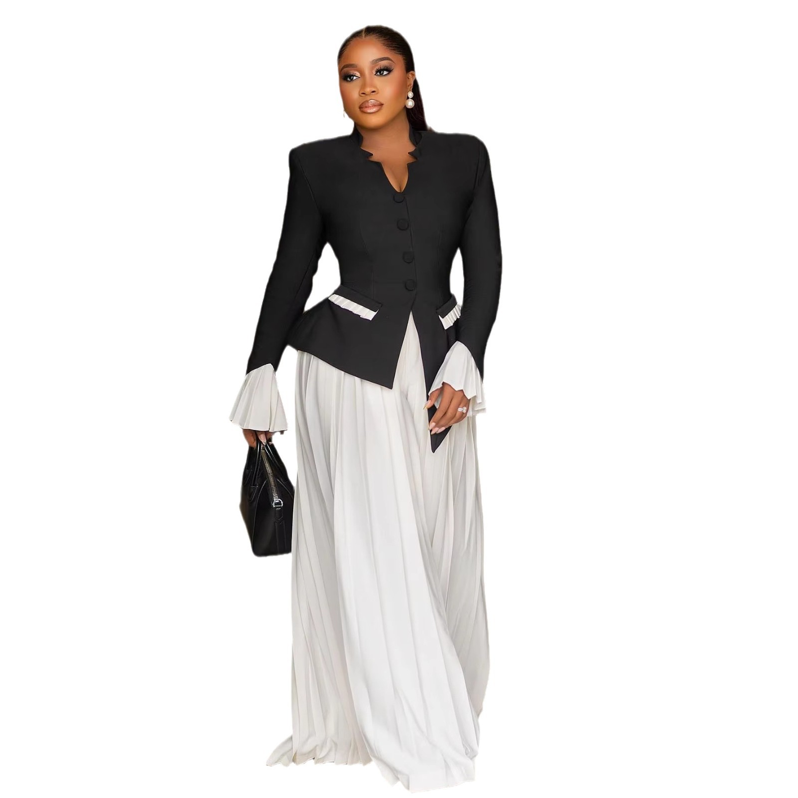 Women's Clothing spring and summer black large size fashion flared sleeve top & pleated pants suit_voghion.com