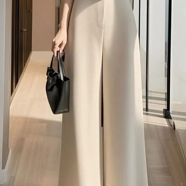 高腰显瘦米色窄版阔腿裤女2025冬季宽松慵懒松弛感休闲直筒长裤子|undefined