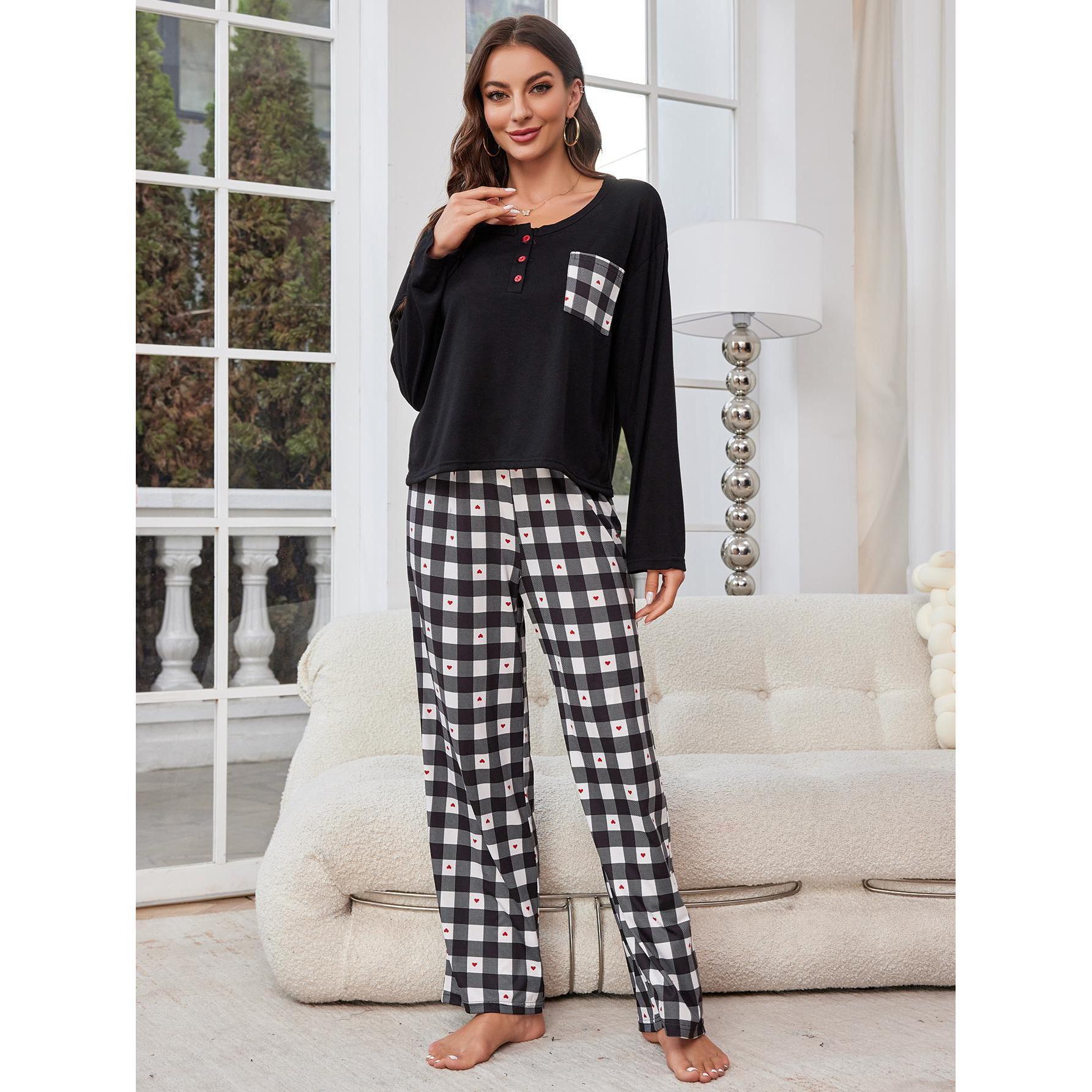 Sleepwear for women, spring and autumn checkered long sleeved cardigan, two-piece home suit_voghion.com