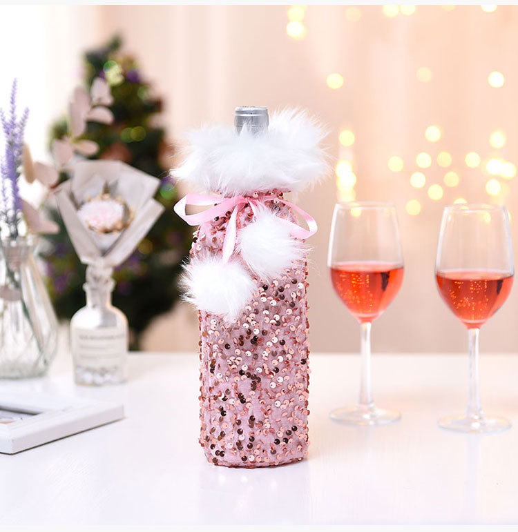 Cross-border New Arrival Christmas Decorations European And American Sequins Bottle Cover Plush Drawstring Wine Gift Box Hotel Dining Table Dress Up display picture 8