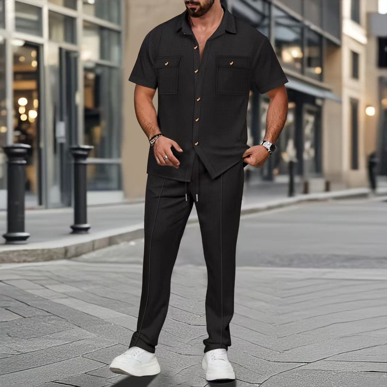 Solid Color Pattern Summer, Spring Season Casual Daily Men's Casual Simple Style Solid Color Polyester Pant Co-ord Set