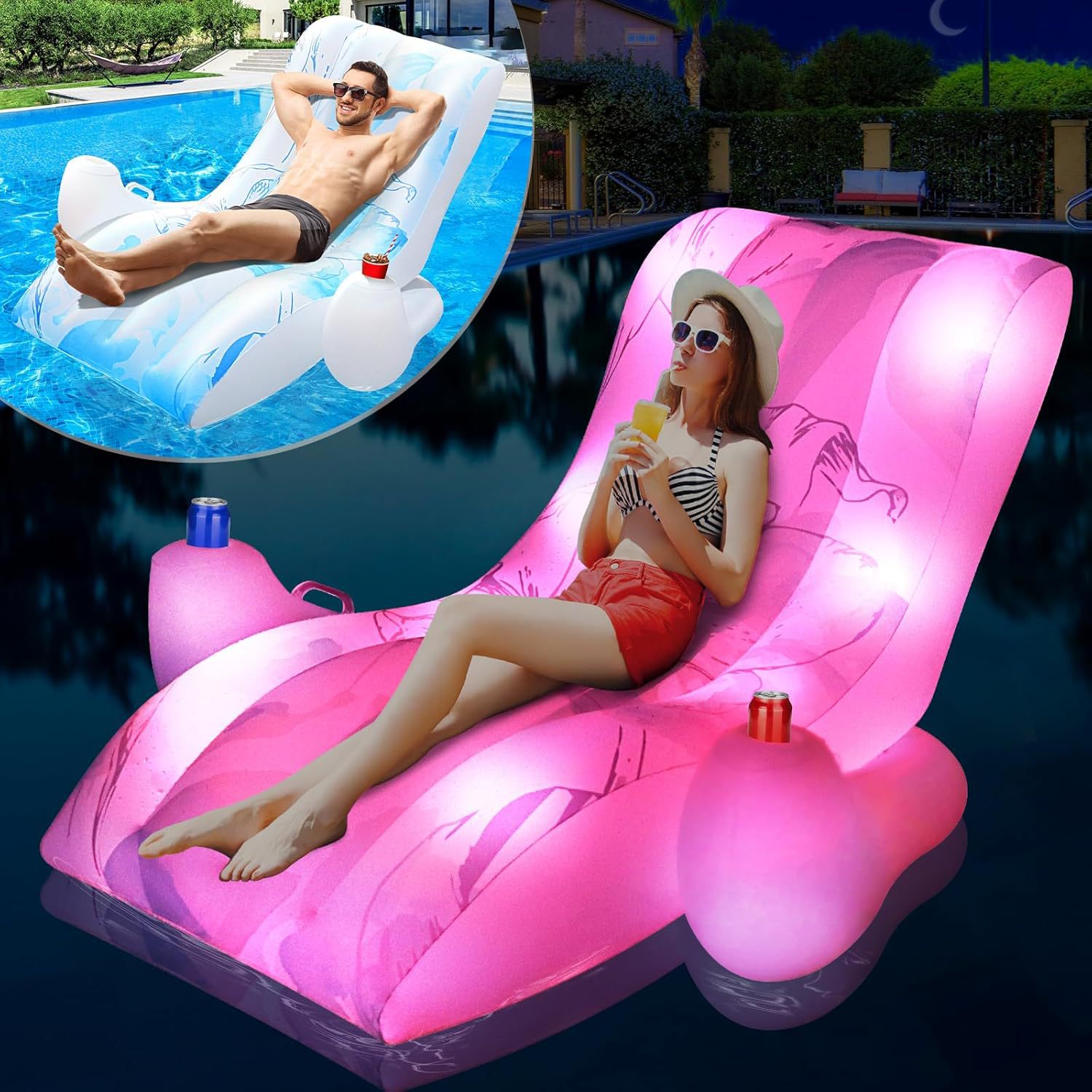 Glowing inflatable water sofa PVC for adults, swimming pool, professional glass holder, custom-made