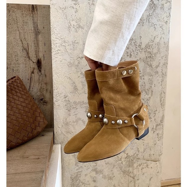 Sichuan Girl GD Edition Rivet Outdoor Autumn Coarse Heel Western Cowboy Short Women Martin Velvet Leather Pointed Boots_voghion.com