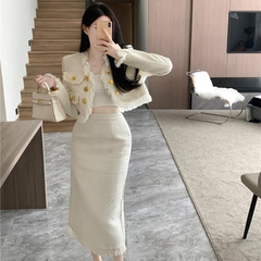 小香风套装裙女装新款法式名媛高级感短款开衫外套长裙洋气两件套