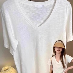 竹節綿vネックの白い半袖tシャツ女性2025夏の新型韓国版百合基礎モデルのゆったりとしたカジュアルな上着