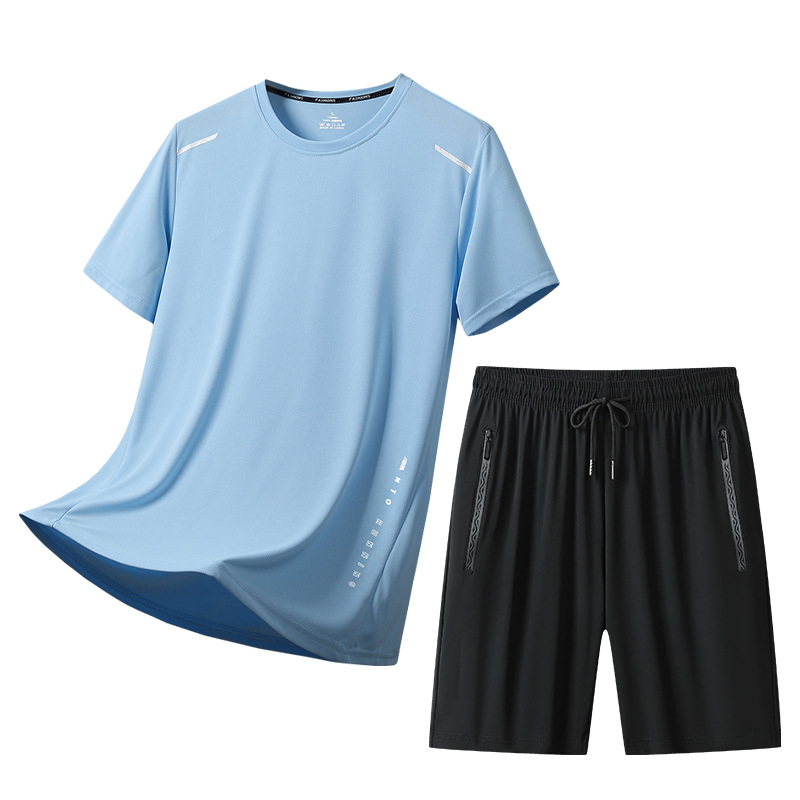 Fábrica directa de verano delgado juego deportivo casual para hombres y mujeres suelta camiseta transpirable un juego de pantalones de cinco puntos para hombres