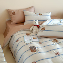 60支数码印花天丝四件套凉感条纹床上用品兰精天丝绣花四件套礼品