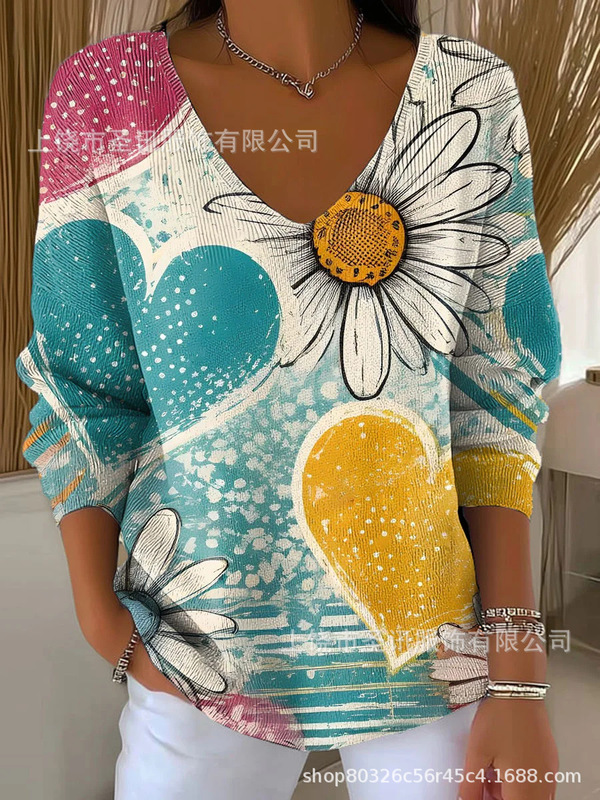 欧美跨境独立站新款3D印花女士时尚渐变色V领长袖T恤上衣|undefined