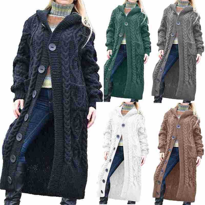 demi-season knitted long sweater with hood