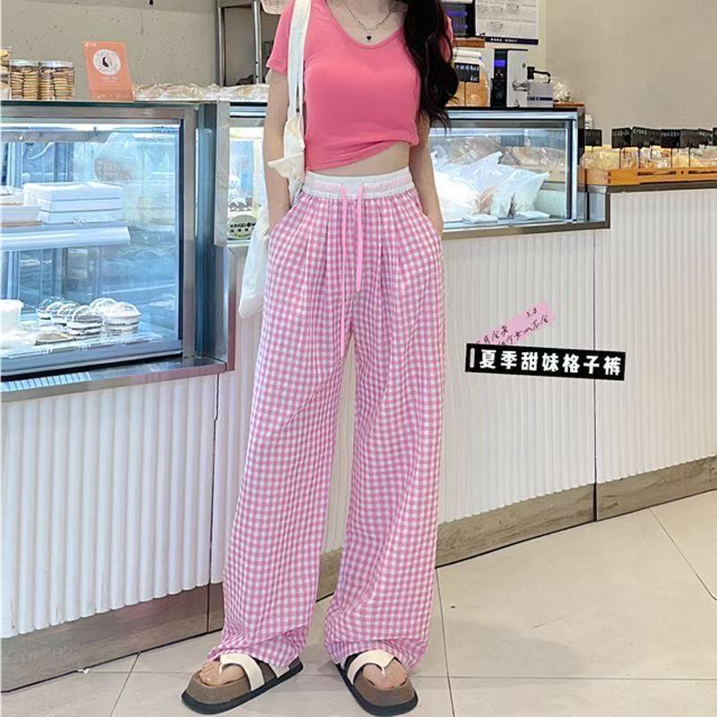 格子阔腿裤女2025春夏新款慵懒设计感裤子宽松休闲直筒垂感拖地裤|undefined