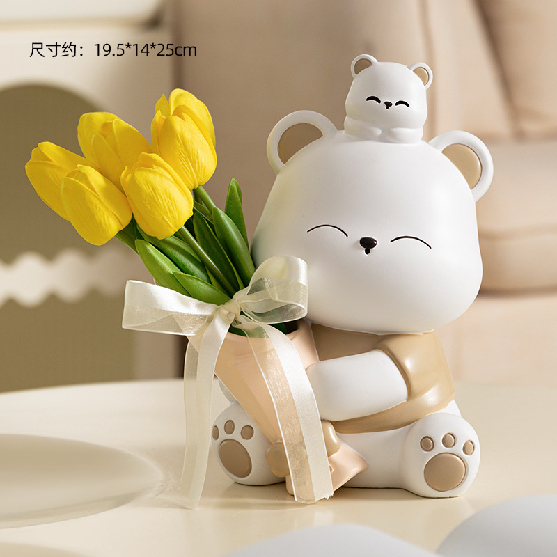 포옹 곰 꽃 라이트 브라운 큰 + 노란 튤립 7 (무료 리본)