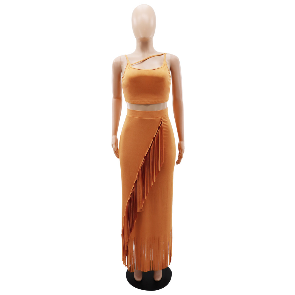 Sleeveless Cropped Short Vest Small Pit High Waist Tassel Dress Two Piece Set 13 Sleeveless Cropped Short Vest Small Pit High Waist Tassel Dress Two Piece Set