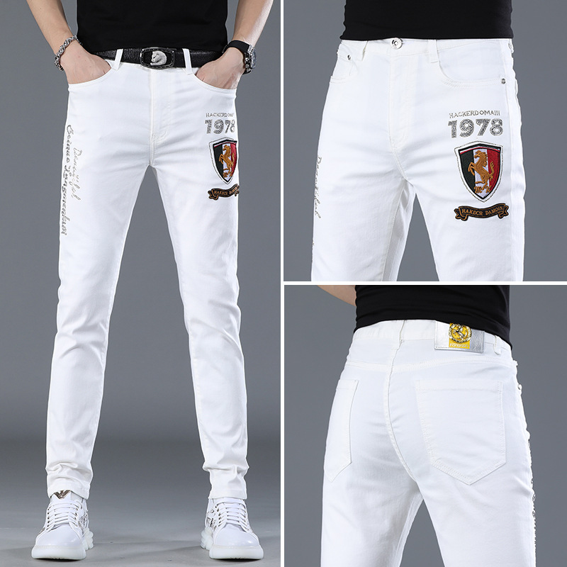 2022 Summer New White Jeans Men's Trendy Brand Embroidered Hot Diamond Colorful Slim-fit Casual Thin Leg Pants 2022 Summer New White Jeans Men's Trendy Brand Embroidered Hot Diamond Colorful Slim-fit Casual Thin Leg Pants