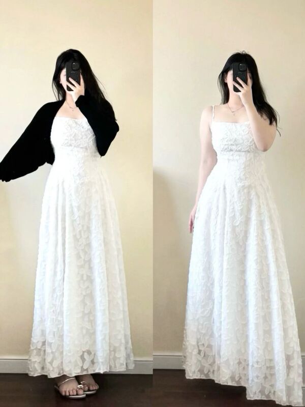 Long Dress Slimming 0 Waist Lace French Spring Summer Spaghetti Strap Dress Covering Flesh Gentle Cardigan Plus Size Set 20