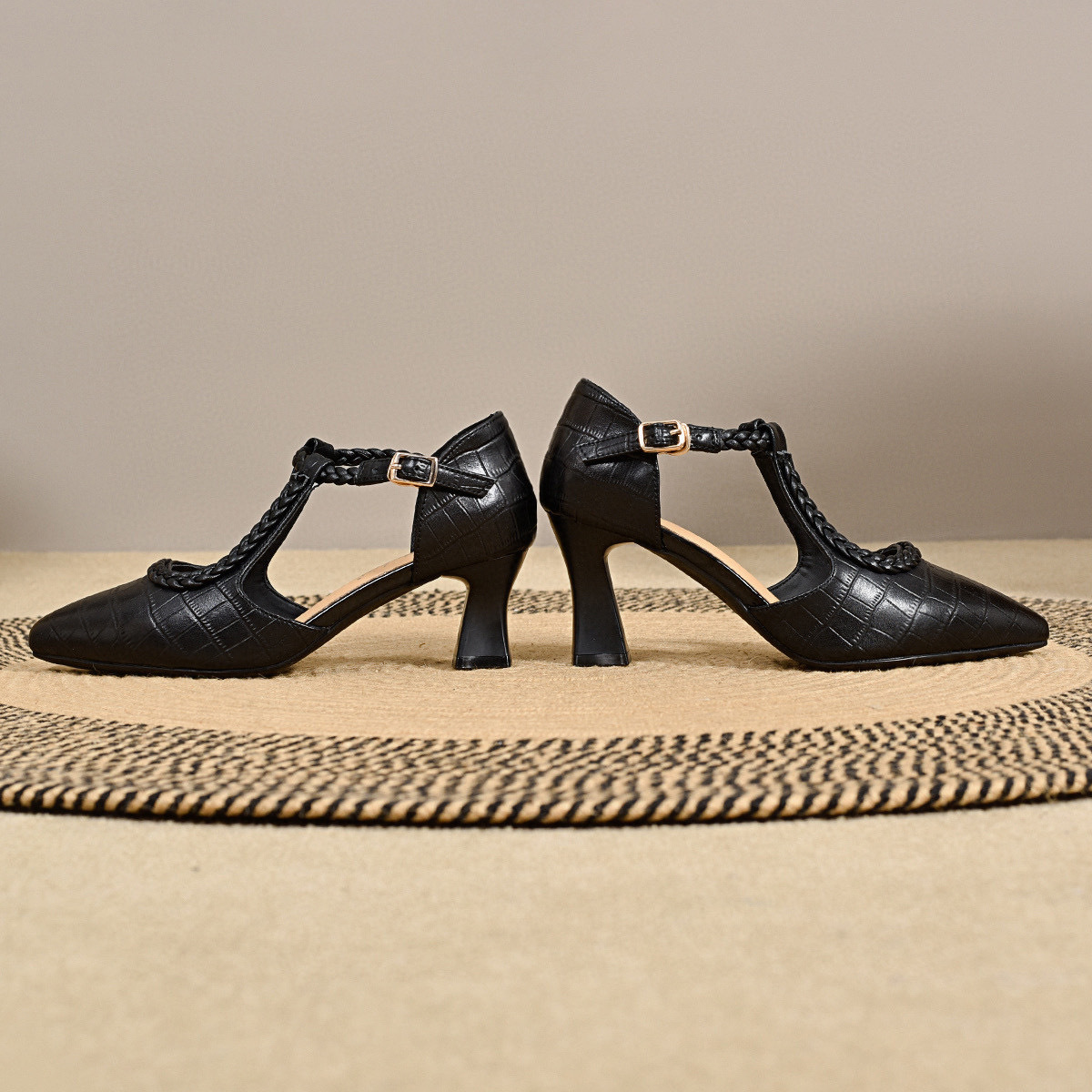 Sandal cao gót nữ mũi nhọn quai ngang da thật gót 7 cm — Đen--7CM chi tiết 4