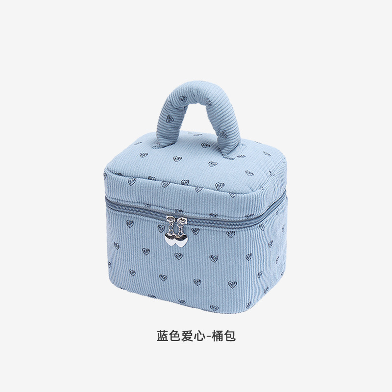 新しいコーデュロイ桃心化粧バッグ大容量高级感ポータブル化粧品収纳バケツバッグ