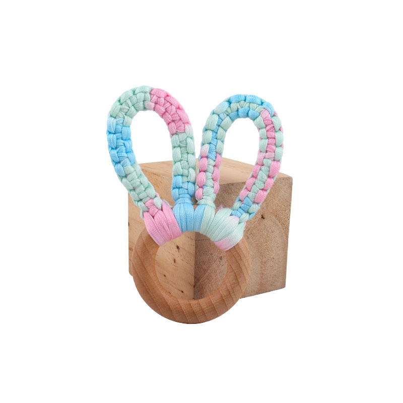 DIY bebé creativo Haya Orejas de conejo mordedor pulsera tejida a mano de algodón cuerda juguete dientes de bebé palo de molienda
