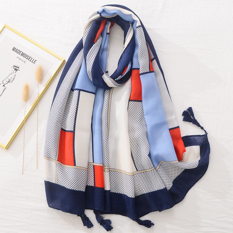 Estilo europeo y americano primavera y verano bufanda de seda delgada chal protector solar para mujer cuadrado color a juego patrón geométrico bufanda de algodón y lino