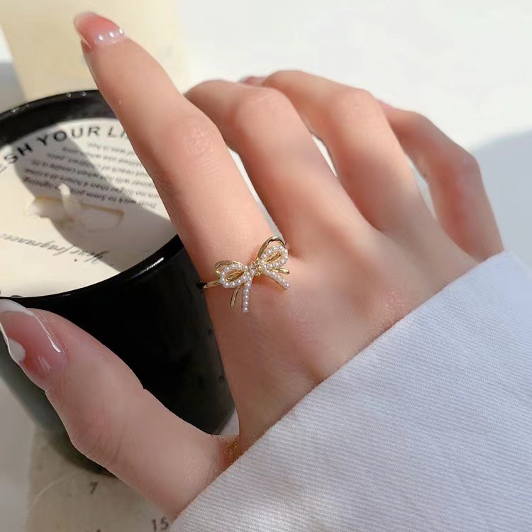 小众设计轻奢开口戒指女可调节复古珍珠蝴蝶结食指2022年新款首饰