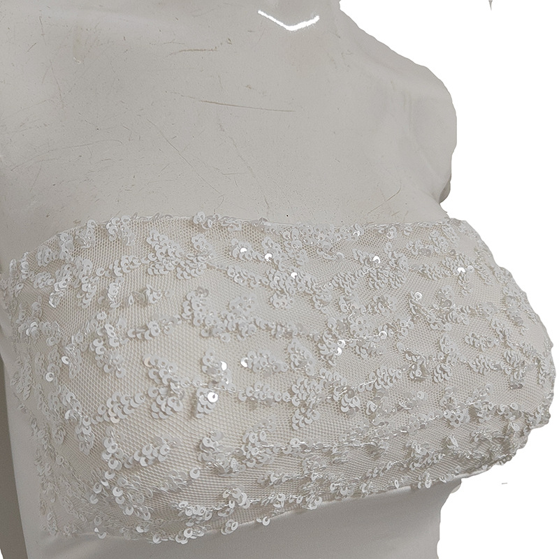 Women's Strapless Sequin Patchwork Top Slim Fit Off-shoulder White_voghion.com