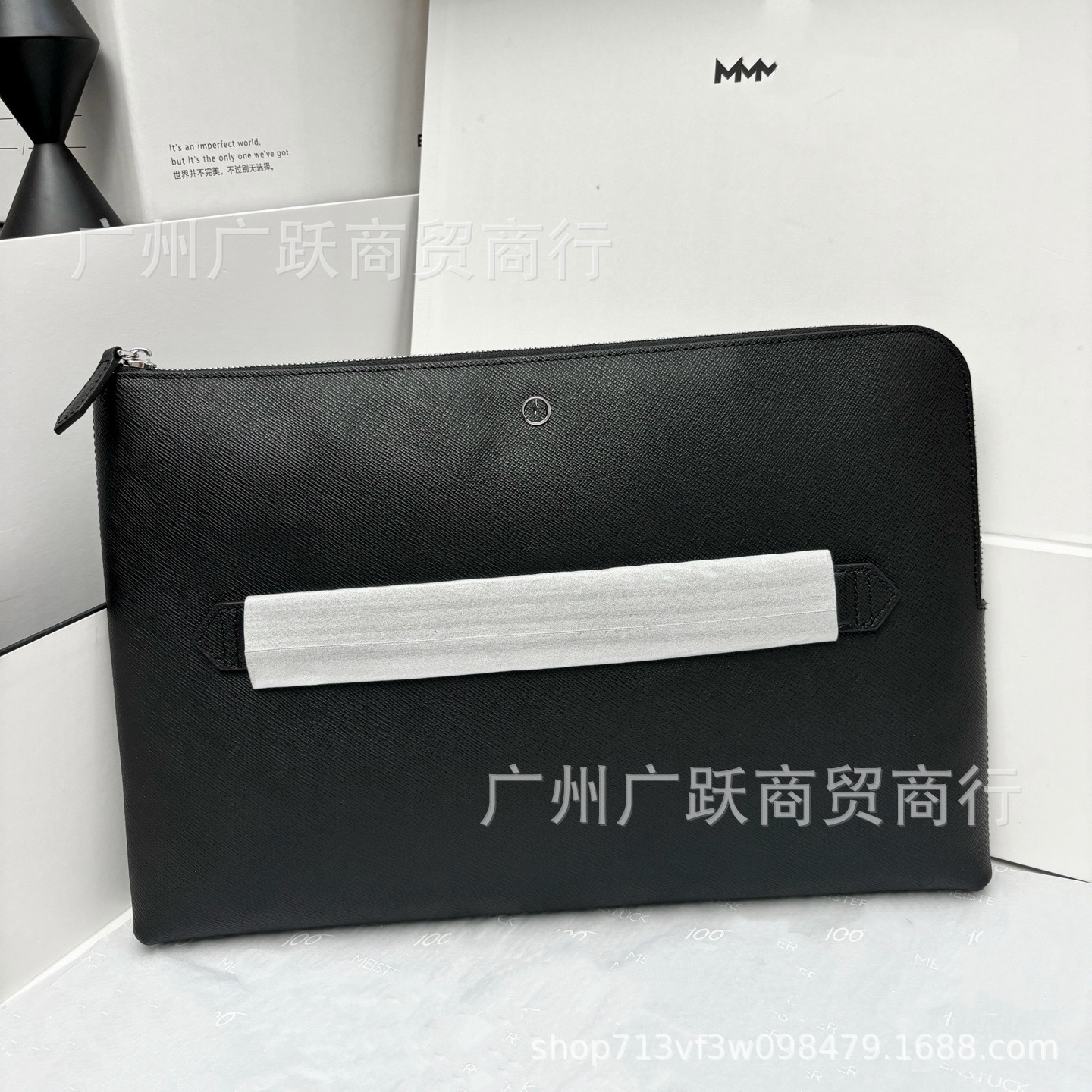 W Baolong Craftsmanship Series Cross-Pattern Cowhide Clutch File Bag Black Briefcase Handbag High Quality for Cross-Border Supply