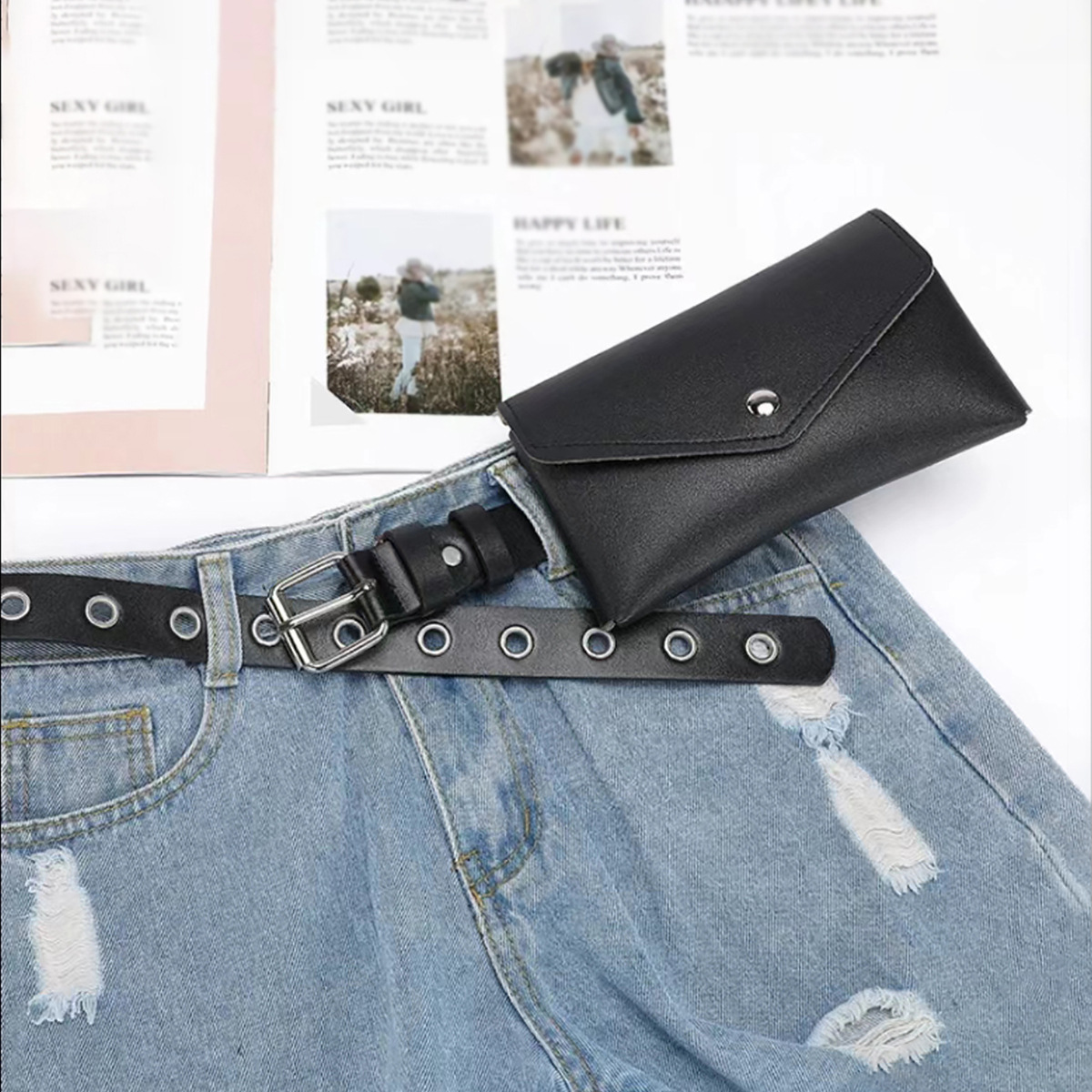 버튼 네일 블랙 허리 가방