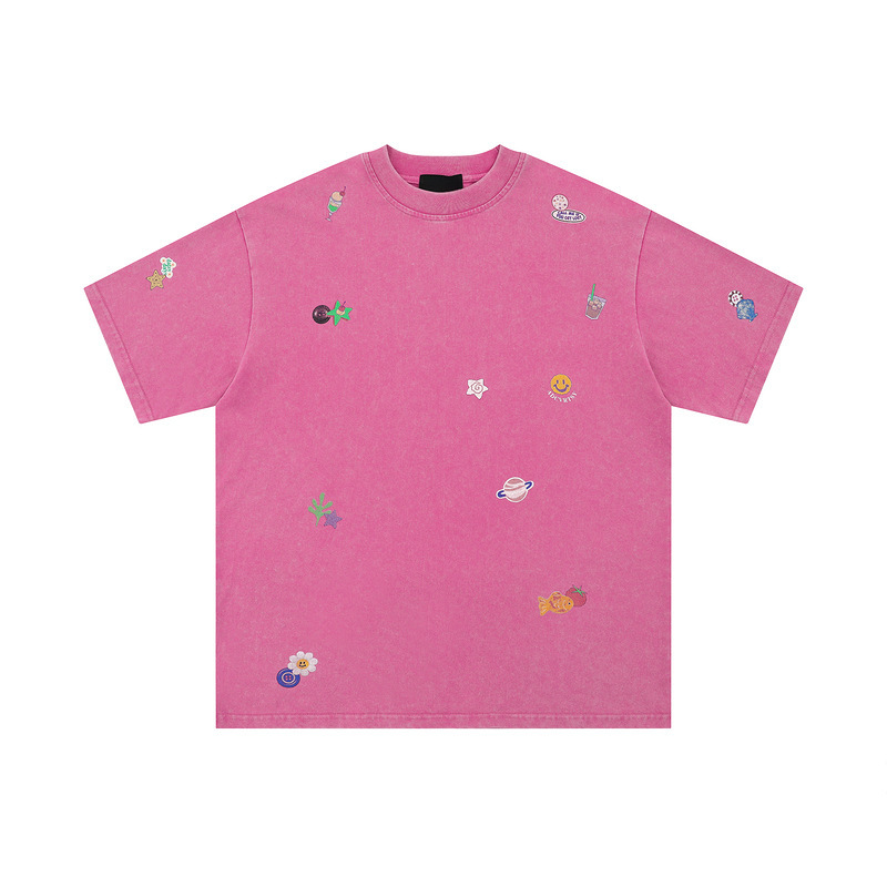 American Style Retro Old Fun Printed Short-sleeved T-shirt Men's and Women's Trendy Brand Loose Design Sense Couple's Pink Wash Shirt American Style Retro Old Fun Printed Short-sleeved T-shirt Men's and Women's Trendy Brand Loose Design Sense Couple's Pink Wash Shirt