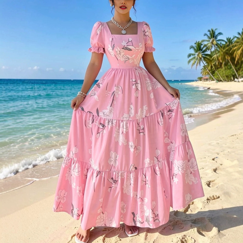 Cross-border romantic print dress for women, summer puff sleeves, tie-waist design, unique and elegant long dress
