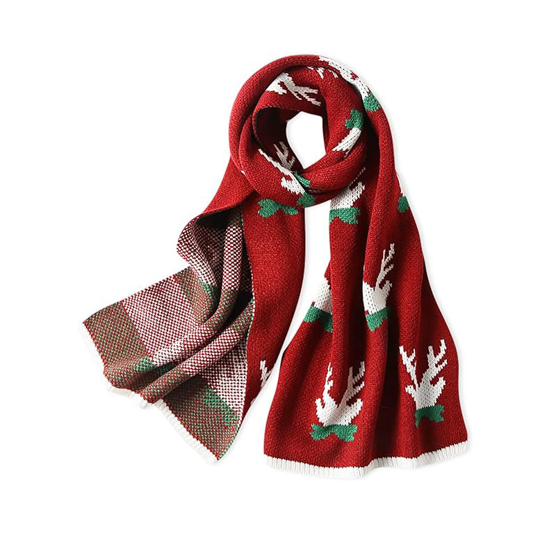 Kadınlar İçin Noel, Sonbahar ve Kış Ren Geyiği Desenli Sıcak Örme Yün Atkı, Şal, Yeni Yıl Kırmızı Atkı_voghion.com