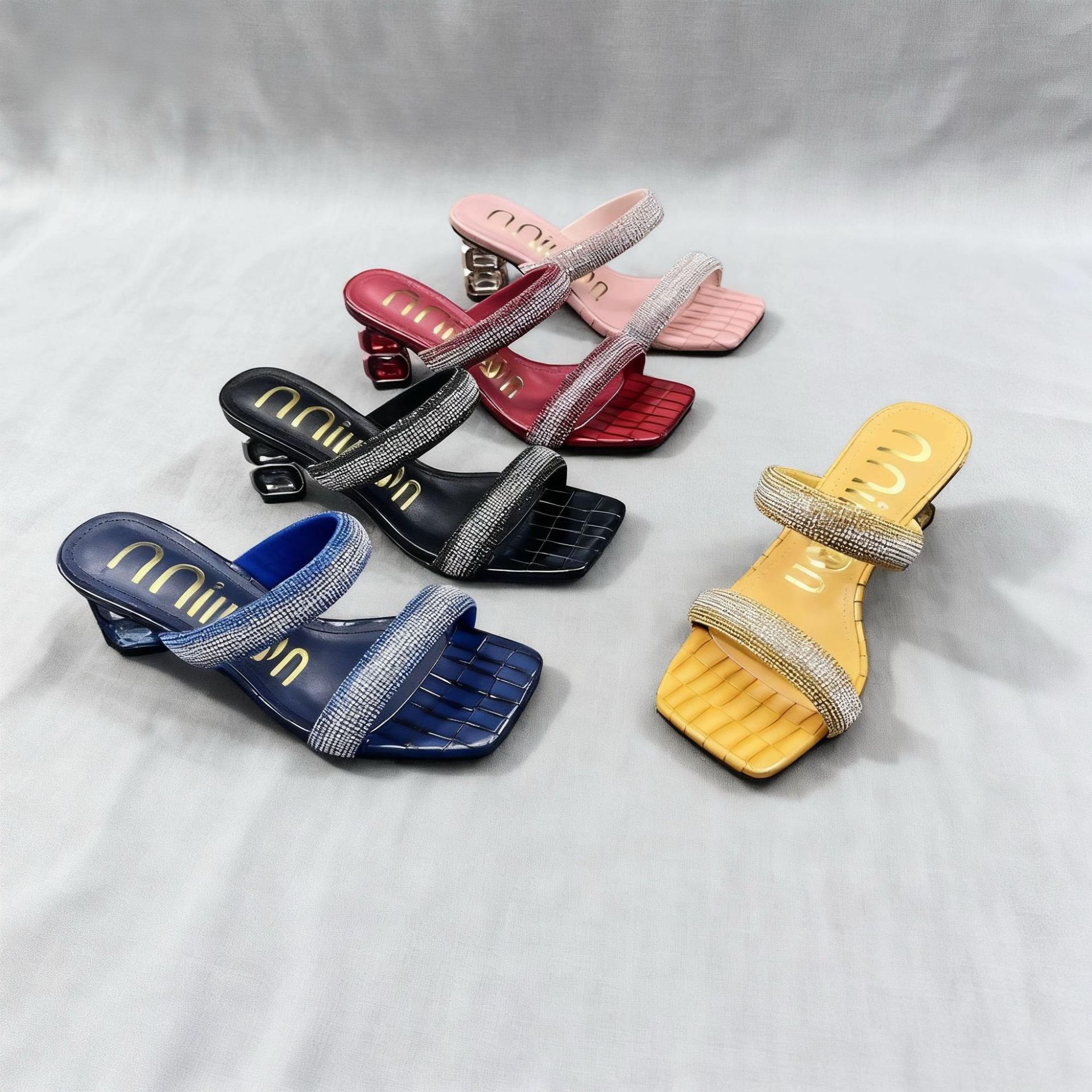 African High-heeled Women's Slippers Sandals With Rhinestones, European And American Style, Square Toe_vogvips.com