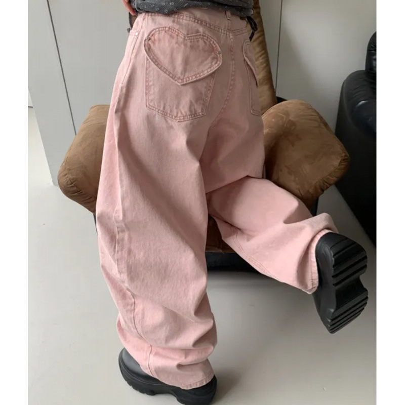Korean Summer Ice Cream Color Pocket Heart-Shaped High-Waisted Buttoned Denim Long Pants with a Curved Cut Korean Summer Ice Cream Color Pocket Heart-Shaped High-Waisted Buttoned Denim Long Pants with a Curved Cut